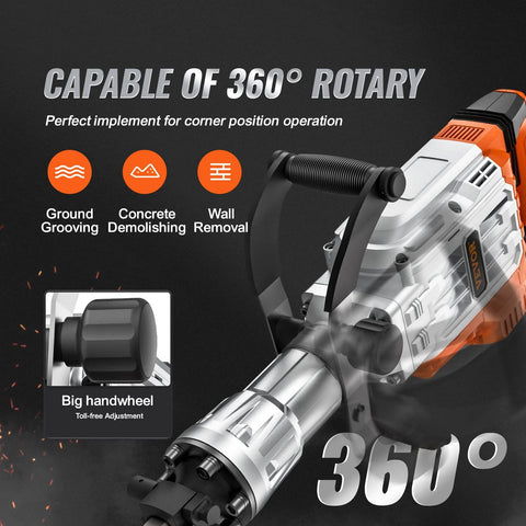 Powerful 3500W demolition jack hammer delivers fast concrete breaking for professional demolition, trenching, and hole making; includes 360-degree swiveling handle for steady, comfortable operation.