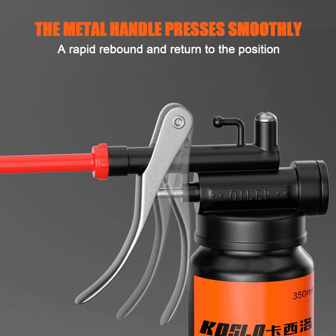 Close-up of 350ml Hand Pump Oiler Can With Straight Spout High Pressure Lubrication Dispenser showcasing smooth metal handle press
