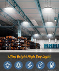 Four Pack 350W UFO High Bay LED Shop Lights For Industrial Spaces illuminating a spacious warehouse interior