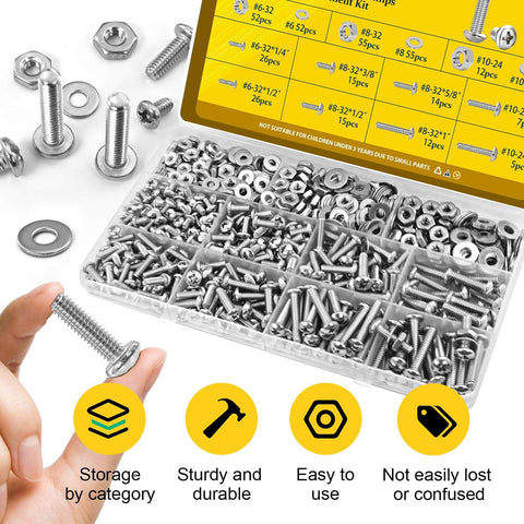 358 Pcs Machine Screws and Nuts Assortment Kit with #6-32 #8-32 #10-24 Phillips Pan Head Bolts organized in storage tray.