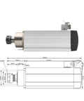 3.5KW ER25 Air Cooled Spindle Motor Bearings Kit With Flange Or Flange-Less Setup, 380V CNC Spindle for Milling, side view with dimensions.