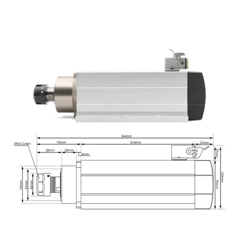 3.5KW ER25 Air Cooled Spindle Motor Bearings Kit With Flange Or Flange-Less Setup, 380V CNC Spindle for Milling, side view with dimensions.
