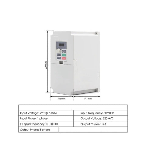 Side view of 4KW H100 Inverter Controller for 3.5KW ER25 Air Cooled Spindle Motor, dimensions and specs displayed, industrial CNC use
