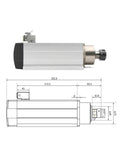 Side view of 3.5KW ER25 Air Cooled Spindle Motor With Ceramic Bearings And Flange showing dimensions and technical specs