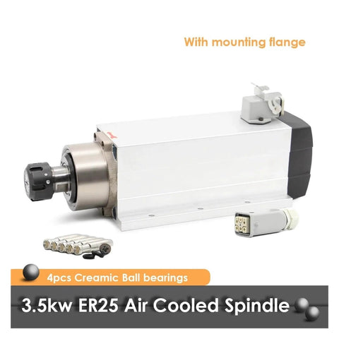 3.5KW ER25 Air Cooled Spindle Motor with mounting flange, 220V CNC Milling for precision tooling, shown with cable and accessories