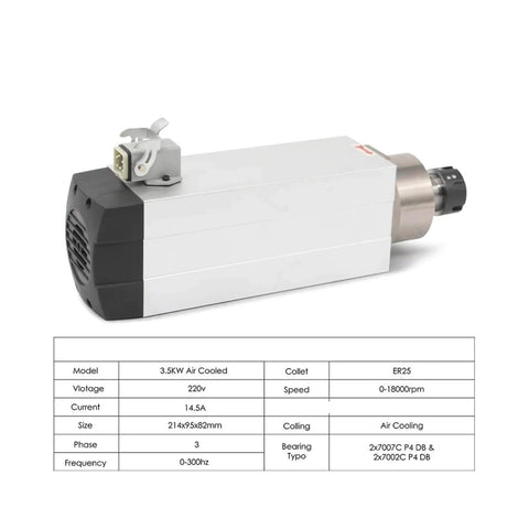 3.5KW ER25 Air Cooled Spindle Motor With Ceramic Bearings and data sheet for CNC Milling Machines Square Type 220V