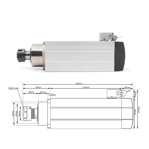 3.5KW ER25 Air Cooled Spindle Motor With Ceramic Bearings for CNC Milling Machines showing square type and optional flange, side view