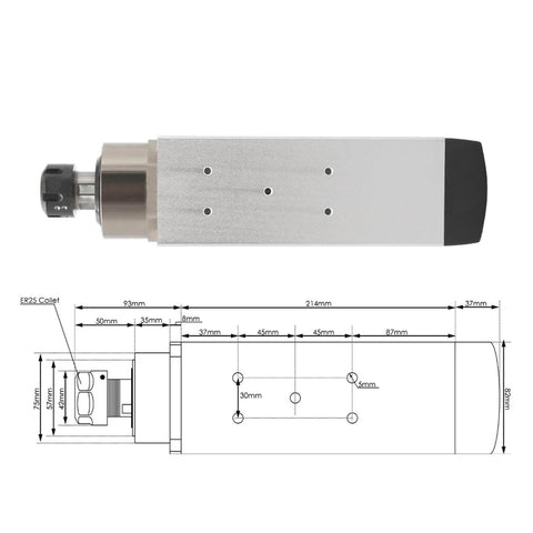 Diagram of 3.5KW ER25 Air Cooled Spindle Motor With Ceramic Bearings Square Type With Flange For CNC Milling Machine, showing dimensions