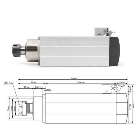 3.5KW ER25 Air Cooled Spindle Motor With Ceramic Bearings Square Type Without Flange For CNC Milling Machine front and side view