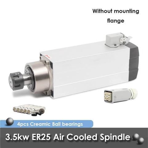 3.5KW ER25 air cooled spindle motor with ceramic bearings square type without flange for CNC milling machine, side view.