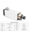 3.5KW ER25 Air Cooled Spindle Motor Bearings With Optional Flange, 220V CNC Milling Spindle Kit shown with technical specifications sheet.