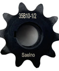 Front view of 35B Roller Chain Sprocket Type B For ANSI 35 Chain With Half Inch Bore And Ten Teeth Three Eighths Inch Pitch Hardened 1045 Carbon Steel