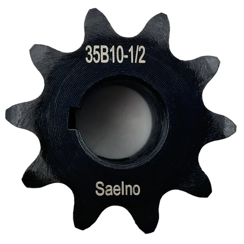 Front view of 35B Roller Chain Sprocket Type B For ANSI 35 Chain With Half Inch Bore And Ten Teeth Three Eighths Inch Pitch Hardened 1045 Carbon Steel