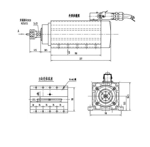 Technical diagram of 3.5KW Air Cooled CNC Spindle Motor ER20 220V And 380V High Torque With 4 Bearings, 18000 RPM GDZ105x102-3.5