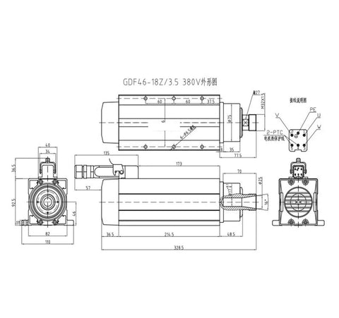 Technical drawing of 3.5KW Air Cooled CNC Spindle Motor With ER20 ER25, 4 Bearings, 220V 380V, Fixed Seat For CNC Milling Machines.
