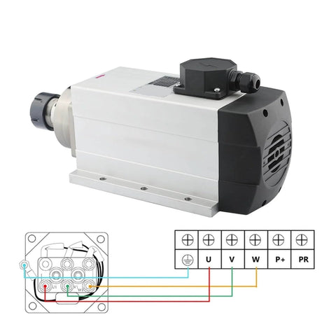 Air Cooled Spindle Motor 3.5kW ER25 With 4 Bearings, 220V/380V Dual Voltage, Square Flange Mount and wiring diagram