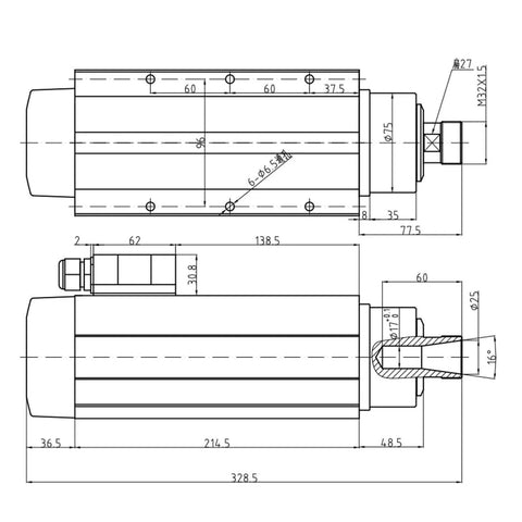 Technical diagram of Air Cooled Spindle Motor 3.5kW ER25 with 4 Bearings, 220V/380V Dual Voltage, Square Flange Mount, Dustproof Stainless Steel