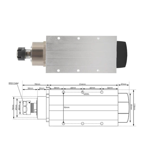 3.5kW ER25 Air Cooled CNC Spindle Motor With 4 Ceramic Ball Bearings 220V 380V 0.01mm Precision Square Spindle With Flange diagram