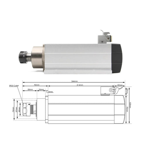 3.5kW ER25 Air Cooled CNC Spindle Motor With 4 Ceramic Ball Bearings, 220V 380V Square Spindle With Flange, side view, technical details shown