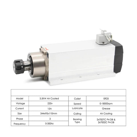 3.5kW ER25 Air Cooled CNC Spindle Motor With 4 Ceramic Ball Bearings 220V 380V shown with specifications chart