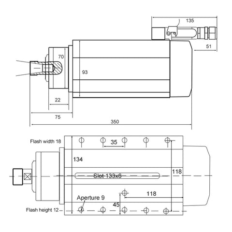 Technical drawing of Air Cooled Spindle Motor 3.5KW ER20 Square Spindle With Mounting Flange 220V, showing dimensions and specifications.