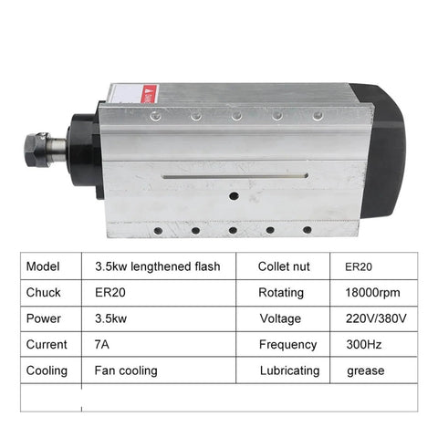 Air Cooled Spindle Motor 3.5KW ER20 Square Spindle With Mounting Flange 220V 12A CNC motor with stainless steel body