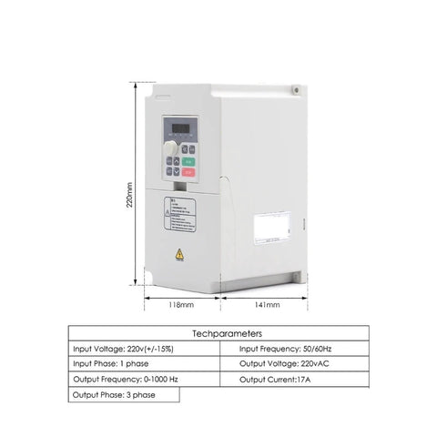 Side view of 4.0kW VFD for CNC machines showing dimensions and tech parameters for Beefy Air Cooled Spindle With Four Bearings Square Motor.