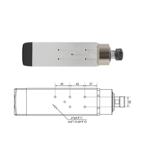 Beefy Air Cooled Spindle With Four Bearings Square Motor Ceramic Ball Bearings 3.5kW ER25 With 4.0kW VFD side view with diagram