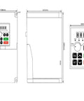 Front and side view of 380V VFD inverter for 3.5kW ER25 CNC spindle kit with control panel, dimensions marked