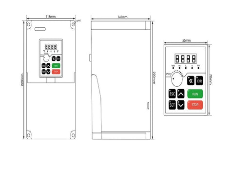 Front and side view of 380V VFD inverter for 3.5kW ER25 CNC spindle kit with control panel, dimensions marked