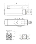 Technical diagram of 3.5kW ER25 CNC spindle kit with measurements for pro-grade CNC mills and routers, featuring ceramic bearings and 4kW VFD.