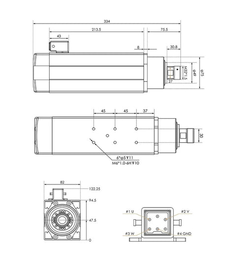 Technical diagram of 3.5kW ER25 CNC spindle kit with measurements for pro-grade CNC mills and routers, featuring ceramic bearings and 4kW VFD.