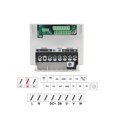 Close-up of terminal connections on 4kW 380V VFD inverter for 3.5kW ER25 CNC Spindle Kit, showing power, brake, and motor connections.