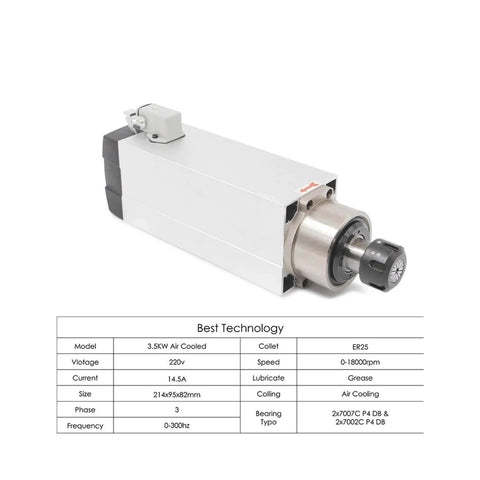 3.5kW ER25 CNC Spindle Kit With Four Ceramic Ball Bearings And 4kW 380V VFD Inverter Water Cooled, side view with specs