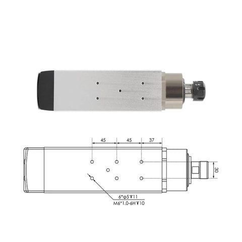 3.5kW ER25 CNC Spindle Kit with Four Ceramic Ball Bearings and 4kW 380V VFD Inverter, side view with technical drawing