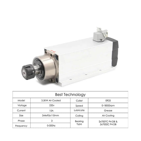 CNC Air Cooled Spindle Motor 3.5KW 220V 380V ER25 With Ceramic Ball Bearings, 18000 RPM, Ultra Low Runout 0.01mm, 4 Bearing Setup