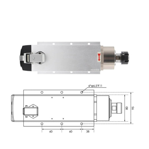 Top view of CNC Air Cooled Spindle Motor 3.5KW 220V 380V ER25 with Ceramic Ball Bearings, 18000 RPM, technical diagram included.