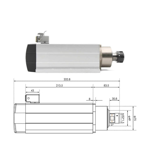 Technical diagram of CNC Air Cooled Spindle Motor 3.5KW 220V 380V ER25 With Ceramic Ball Bearings, showing dimensions and design