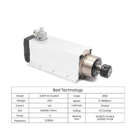 3.5KW ER25 Air Cooled Spindle Motor Bearings with flange, CNC compatible, featuring product specifications table, 380V, side view.