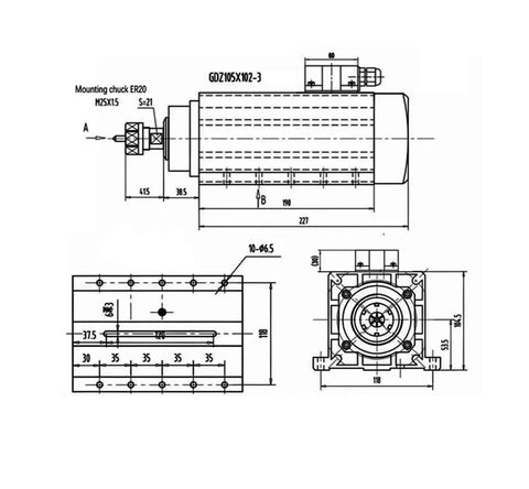 Technical diagram of 3.5kW Air Cooled ER20 Spindle Motor For CNC Machines With 4 Bearings 220V 0.01mm Precision.