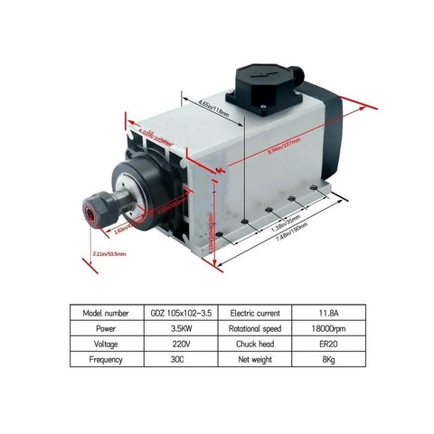 3.5kW Air Cooled ER20 Spindle Motor For CNC Machines With 4 Bearings 220V 0.01mm Precision chart and dimensions shown