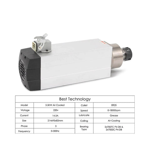 3.5KW ER25 Air Cooled Spindle Motor For CNC Milling Engraving With Optional Flange 220V shown with specs chart