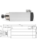Side view of 3.5KW ER25 Air Cooled Spindle Motor For CNC Milling Engraving With Optional Flange 220V, showing detailed dimensions.