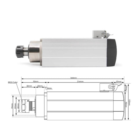Side view of 3.5KW ER25 Air Cooled Spindle Motor For CNC Milling Engraving With Optional Flange 220V, showing detailed dimensions.
