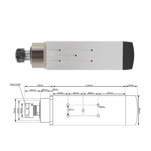 3.5KW ER25 Air Cooled Spindle Motor Bearings with diagram, shown with flange option for CNC milling and precision routers, 220V
