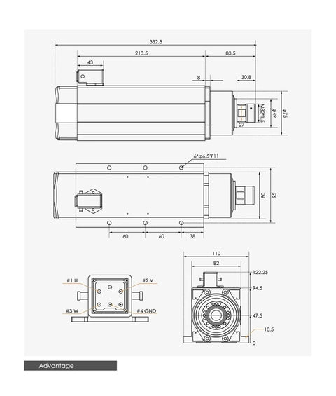 Technical diagram of Pro Grade 3.5kW ER25 CNC Spindle Kit with Ceramic Ball Bearings showing dimensions and connections.