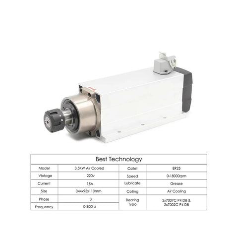 Pro Grade 3.5kW ER25 CNC Spindle Kit With Ceramic Ball Bearings, air-cooled option, product specifications visible