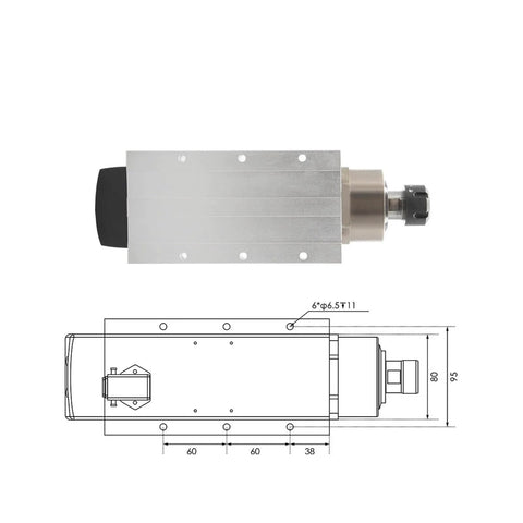 Pro Grade 3.5kW ER25 CNC Spindle Kit With Ceramic Ball Bearings shown in top view with technical diagram.