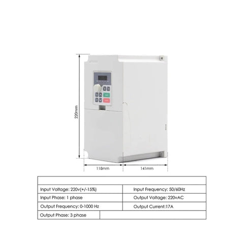 220V VFD unit for Pro Grade 3.5kW ER25 CNC Spindle Kit, showing dimensions and input-output specifications