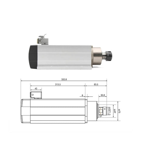 Pro Grade 3.5kW ER25 CNC Spindle Kit With Ceramic Ball Bearings, side view with technical dimensions displayed